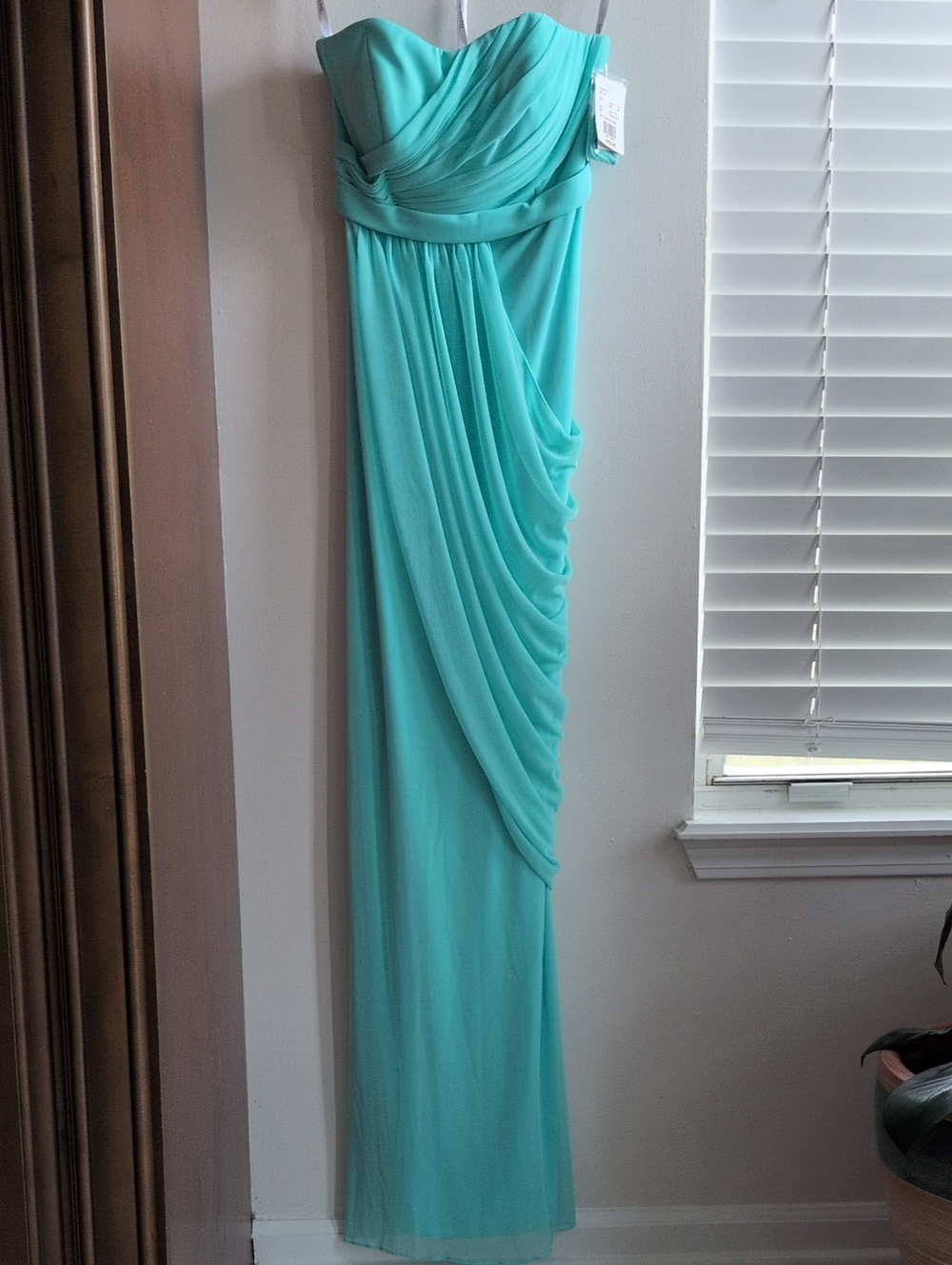 David's Bridal Mint Strapless Bridesmaid Dress